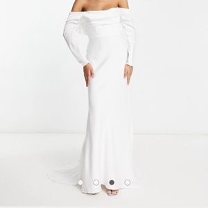 ASOS long sleeve satin drape bardot dress